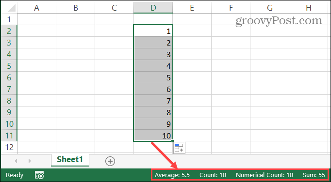Exceli olekuriba valitud lahtritele