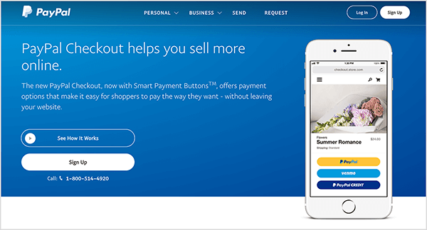 See on ekraanipilt PayPal Checkouti teenuse veebilehelt. Sellel on sinine taust ja valge tekst. Pealkiri ütleb: „PayPal Checkout aitab teil veebis rohkem müüa.” Pealkirja alla ilmub kaks nuppu: sinine, millel on silt Kuidas näha Teosed ja valge silt Sign Sign. Paremal on nutitelefoni pilt, millel on mobiiltelefoni funktsioon PayPal Checkout veebisaidil.