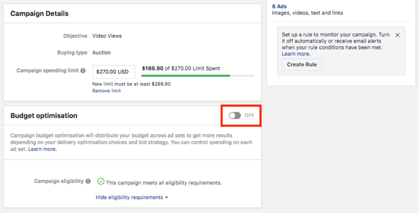 Facebooki kampaania eelarve optimeerimise võimalus.