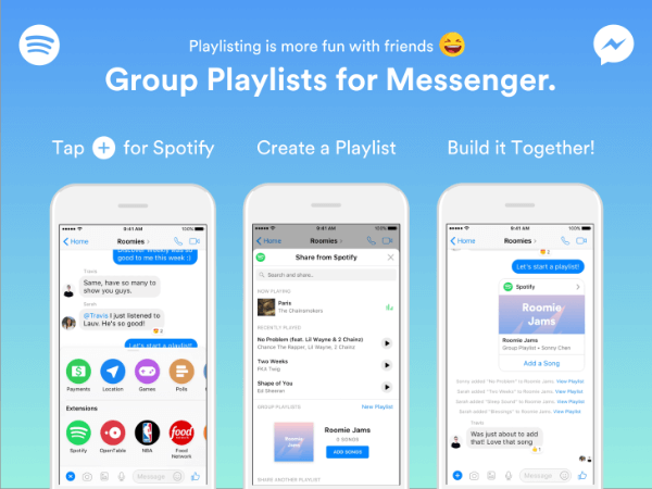Spotify laiendas oma Messengeri botis funktsionaalsust, võimaldades rühmadel ehitada esitusloendeid otse Messengeri rakendusest.