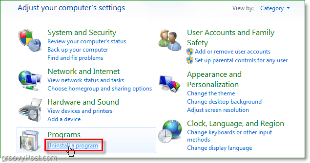 St Windows 7-st eemaldamise jätkamiseks klõpsake programmi desinstalli