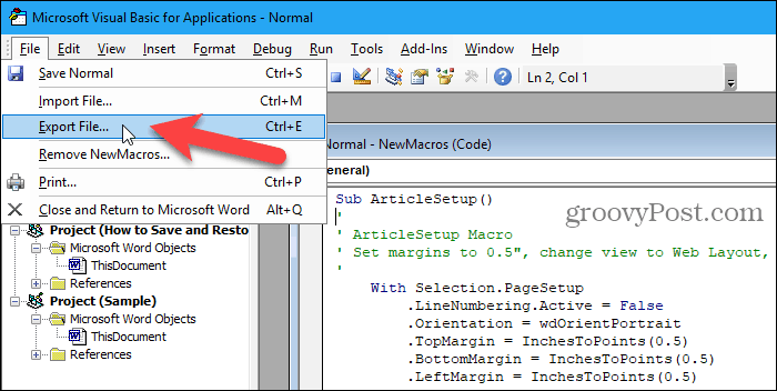 Valige Wordis VBA-redaktoris menüü File> Export File