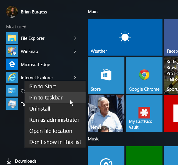 IE Start-menüü Windows 10