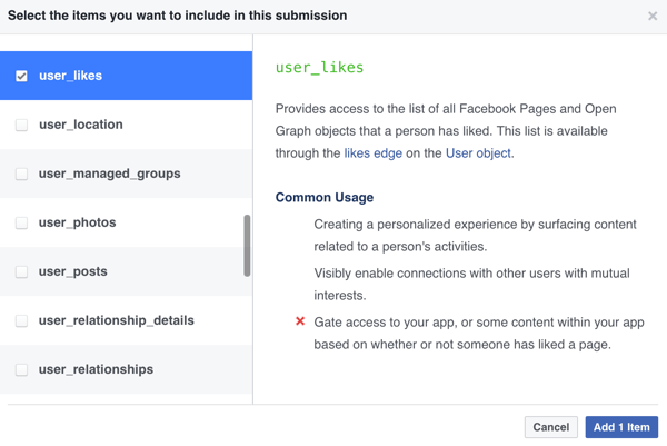 Valige, millised üksused soovite oma Facebooki rakenduse esitamisse kaasata.