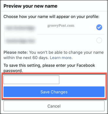 Mobiilirakenduses Facebooki nime muutmise kinnitamine