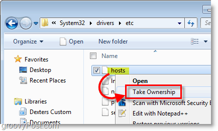 Windows 7 ekraanipilt - kasutage Windows 7 failide omandiõiguse saamiseks paremklõpsake kontekstimenüüd