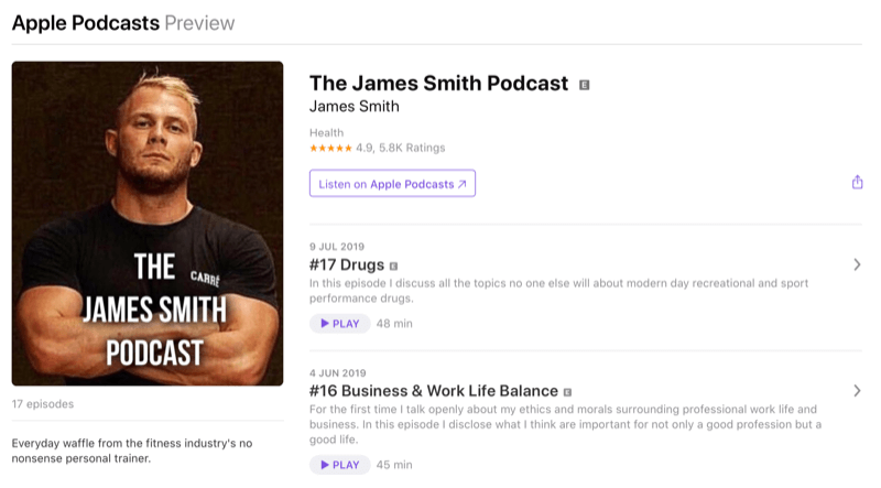 Sotsiaalmeedia turundusstrateegia; James Smithi podcast-i ekraanipilt Apple Podcasts'is. James on spordiruumis tuntud mõjutaja.