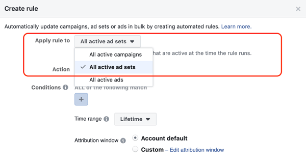 Kasutage Facebooki automatiseeritud reegleid, peatage reklaamide seadistamine, kui kulutused on kaks korda suuremad ja vähem kui 1 ost, 1. samm, rakendage kõiki reklaamikomplekte