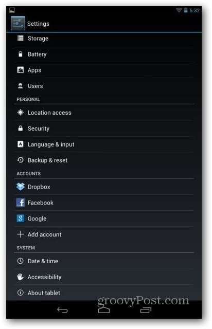 Nexus 7 kasutajakontod - seadete kasutaja