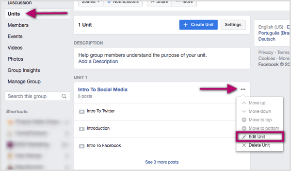 Klõpsake redigeeritava Facebooki grupiüksuse paremal asuvat kolme punkti.