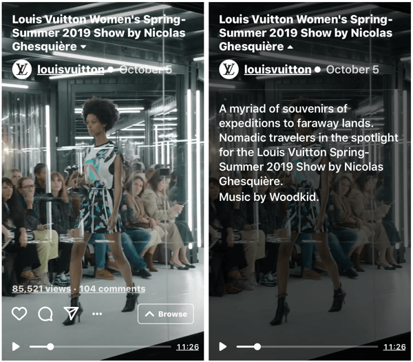 Näide Louis Vuittoni IGTV-st nende naiste kevad-suvi 2019 moeetenduse jaoks.