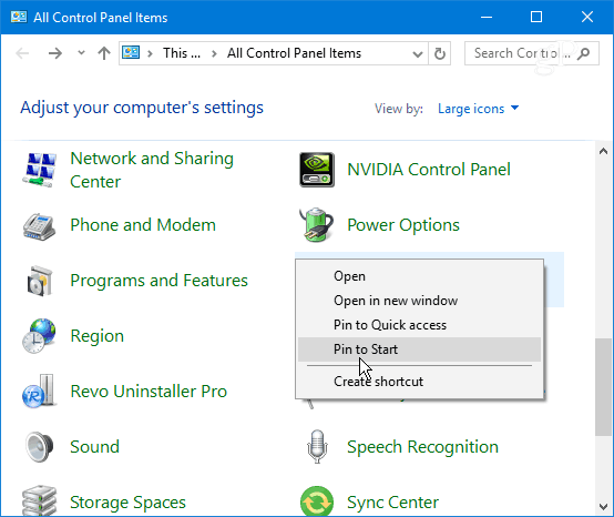 Pin juhtpaneeli üksus Windows 10 Start