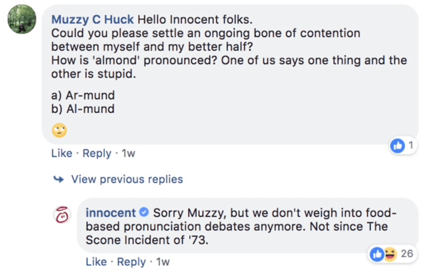Näide Innocenti reageerimisest Facebooki postituse kommentaariküsimusele.