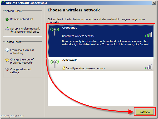 Windows XP menüü traadita võrgu valimiseks Screenshot:: groovyPost.com
