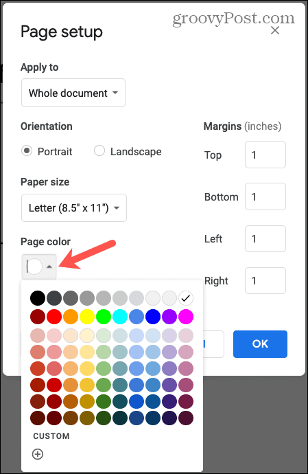 Google Docsi lehe värv