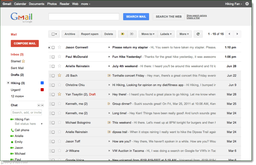 Gmaili postkasti vaade, teema eelvaade
