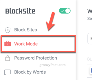 Vahekaart BlockSite Work Mode