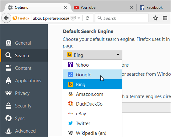 määrake otsingumootori Firefox