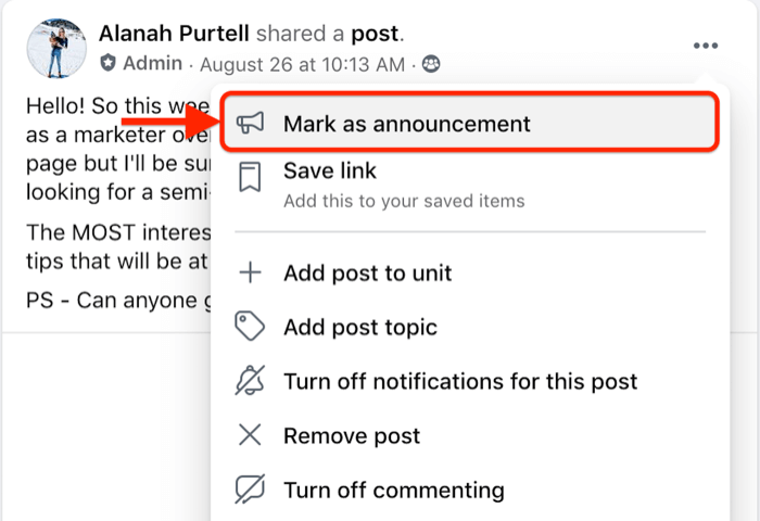 Facebooki grupipostituse menüüvalik konkreetse postituse teadaanneks märkimiseks