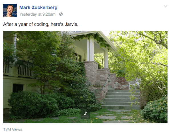 Oma avalikul lehel olevas videopostituste sarjas debüteeris Mark Zuckerberg uue personaalse tehisintellekti süsteemi Jarvise abil, mis kasutab Facebooki tööriistu, loomuliku keele viipasid ja näotuvastust.