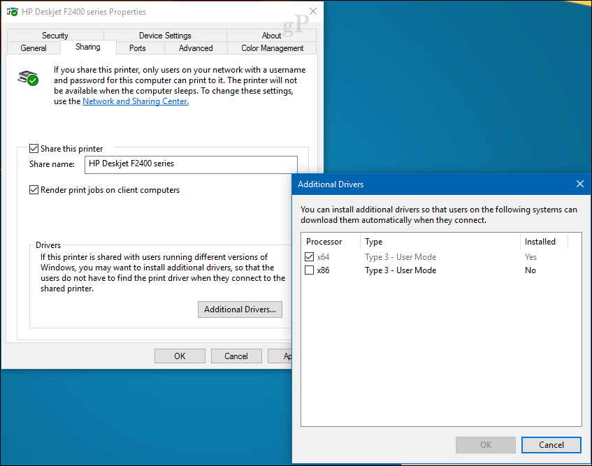Printeri ühiskasutus Windows 10-s