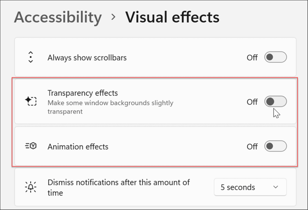 juurdepääsetavuse visuaalsete efektide Windows 11 seaded