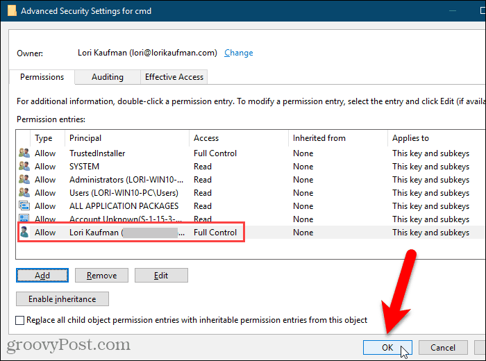 Sulgege Windowsi registris dialoogiboks Täpsemad turbesätted