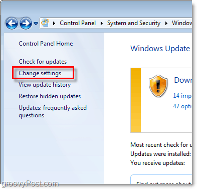 Windows 7 - Windows Update'i konfiguratsioonilingi ekraanipilt