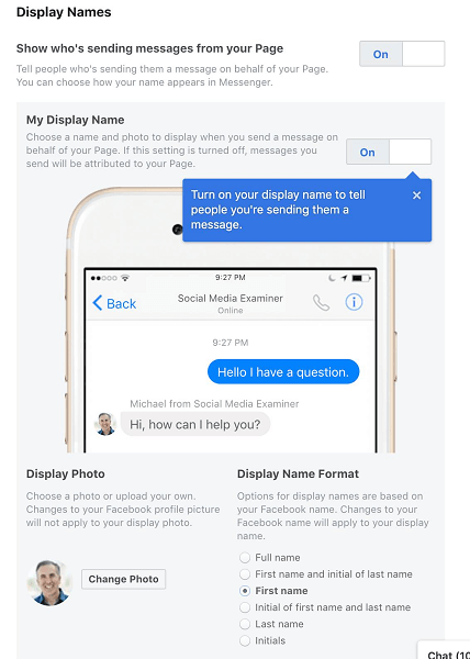 Facebook lubab lehe administraatoritel valida kuvatav nimi, kui nad kasutavad Messengerit oma lehe või ettevõtte nimel.
