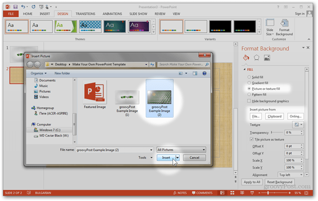 Office 2013 malli loomine Kohandatud kujunduse muutmine POTX-i slaidide kohandamiseks Õpetus Kuidas vormindada taustal kohandatud pildi pildi importimine