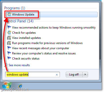 Käivitage Windows 7 Windows Update: ekraanipilt