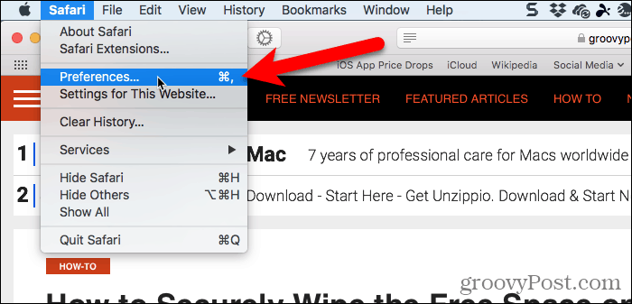 Valige Safari for Mac Safari> Eelistused