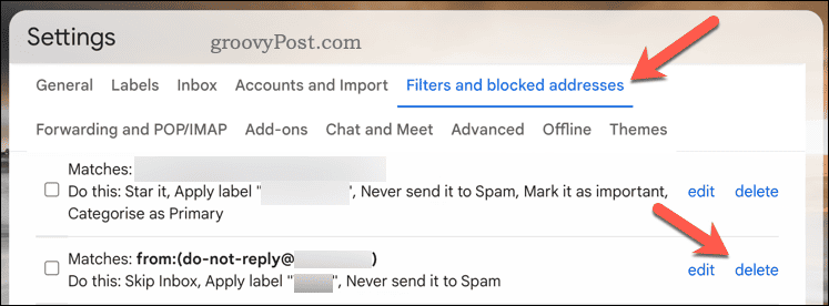 Filtri kustutamise nupp Gmailis