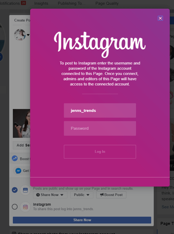 Kuidas Facebookis töölaualt Instagrami postitada, samm 4, logige Instagrami sisse