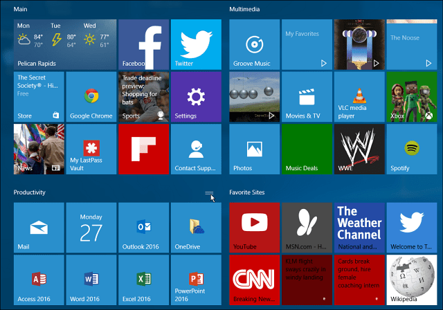 Windows 10 paanirühmade menüü Start on suur