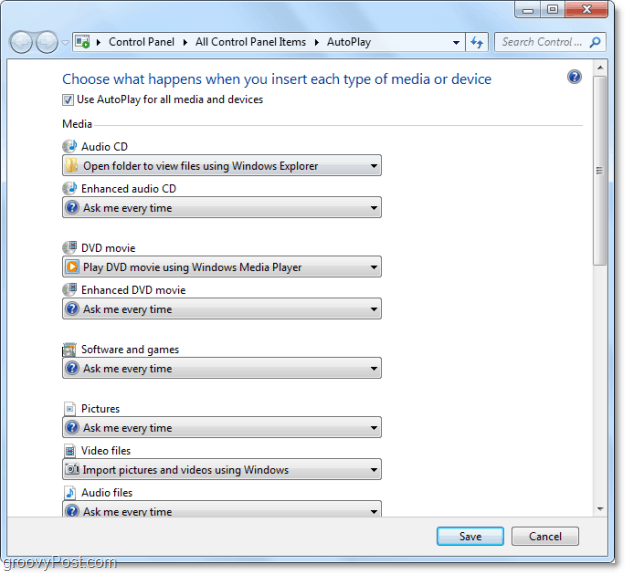 Säästke aega, kohandades Windows 7 automaatse esituse toiminguid