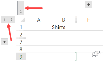 Rühmitatud veergude ja ridade numbrinupud Windowsi Excelis