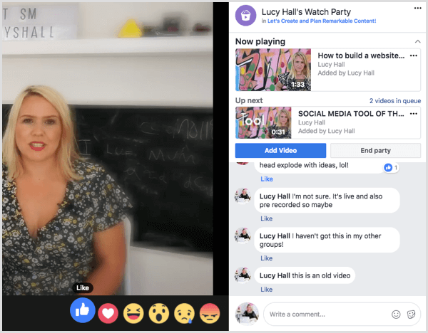 Grupi liikmed saavad videoid kommenteerida ja neile reageerida Facebooki vaatepidu ajal.