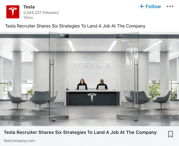 Tesla LinkedIni ettevõtte lehe postituse näide.