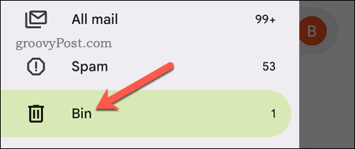 Avage mobiilis Gmaili rakenduses kaust Prügikast