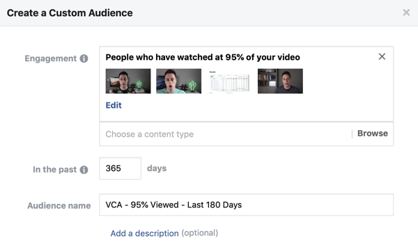 Valikute määramine Facebookis või Instagramis videot vaatavate inimeste Facebooki kohandatud vaatajaskonna loomiseks.