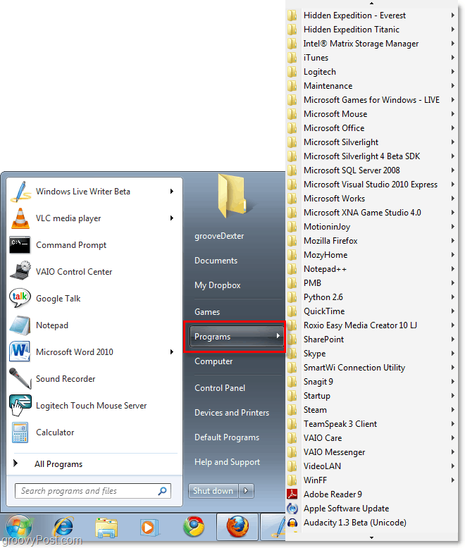 Windows 7 käivitusmenüü koos xp classic-ga Kõikide programmide käivitusmenüü