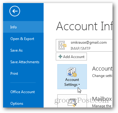 kuidas luua Outlooki 2013 pst-faili - klõpsake konto sätteid