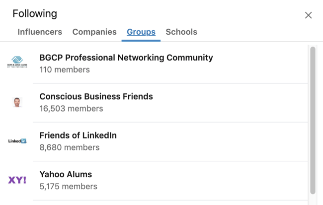 LinkedIni profiili laiendatud huvide kast, kus on valitud vahekaart Rühm
