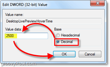 kohandage mõõdiku atribuudid kümnendkohani ja väärtuse andmed väärtuseks 2500 Windowsi 7 DesktopLivePreviewHoverTime jaoks