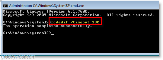 Windows 7 ekraanipilt - sisestage cmd-s bcdedit / timeout 180