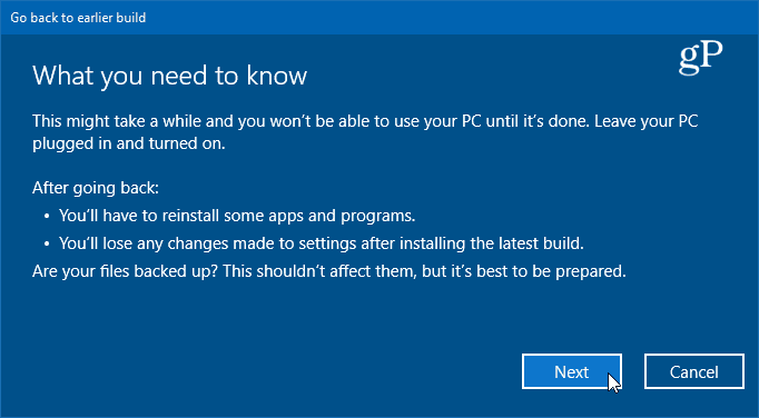 üksikasjad Windowsi 10 varasema versiooni tagasilaskmise kohta