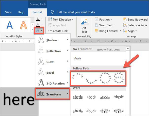 Kõvera WordArt-stiili valimine Wordis