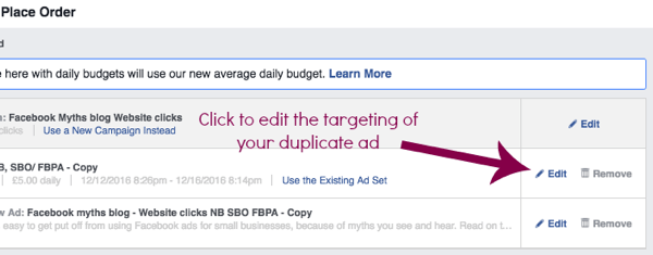 Muutke duplikaadiga Facebooki reklaamikomplekti seadeid.