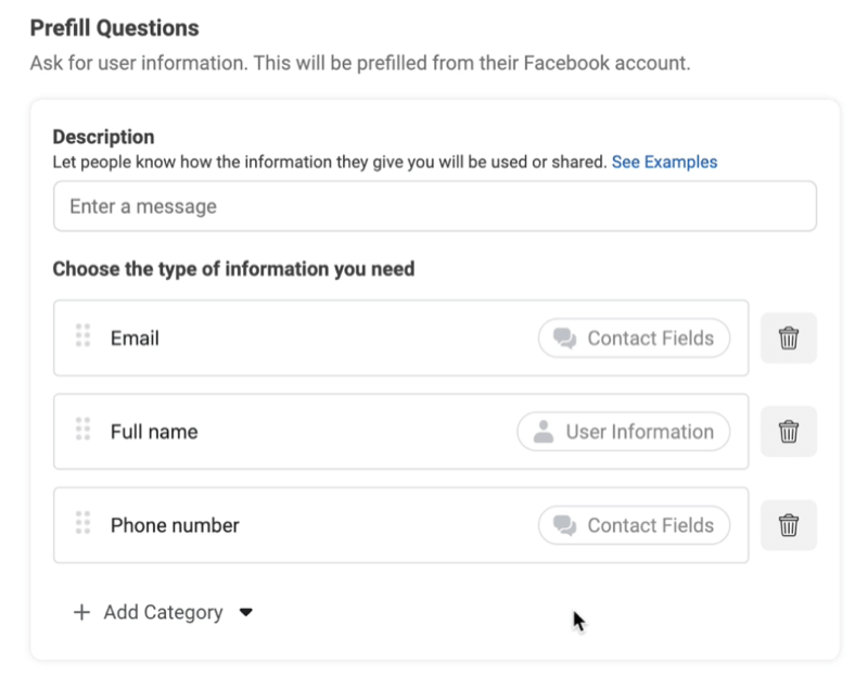 Facebooki müügivihjereklaamid loovad uue müügivihje vormi valiku, et lisada eeltäidetavaid küsimusi e-posti, täisnime ja telefoninumbri näidetega